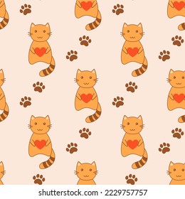 seamless pattern with cute cat and pawprints