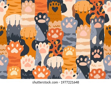 Seamless pattern with cute cat paws raised up together. Repeating background with kitties' hands. Feline animals' crowd. Colored flat vector illustration of endless texture for printing and decoration