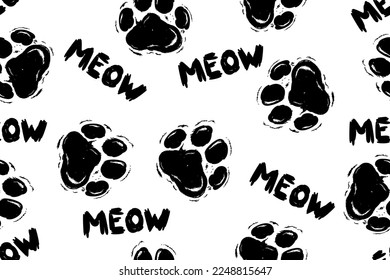Seamless pattern with cute cat paws. Kitten inscription meow. Vector illustration for children.