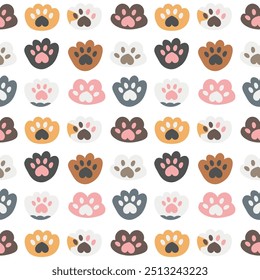 Patrón sin fisuras con lindas patas de gato. Pie de gato de diferentes colores. Para textiles, envolturas, tarjetas, estampados. Sobre un fondo transparente. Para tiendas de mascotas, clínicas veterinarias, refugios, niños.