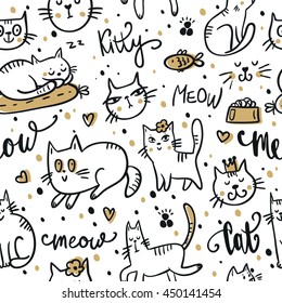 Seamless Pattern With Cute Cat. Pet Animal Vector Illustration