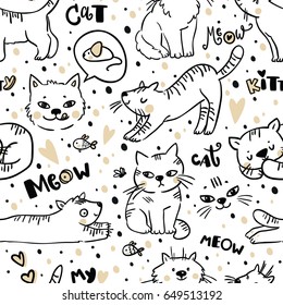 Seamless pattern with Cute cat. Pet animal vector illustration