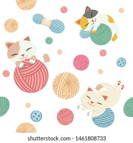 The seamless pattern of cute cat play with a yarn and button in flat vector style. Illustration for background, graphic,content, banner and greeting card.