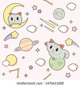 The seamless pattern of cute cat playing with moon and planet with star ans cloud and rainbow in pink pastel in flat vector style. Illustration about
for background, graphic, banner, sticker .