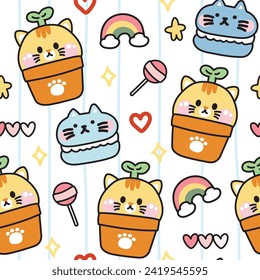 Seamless pattern of cute cat in pot with various tiny icon on white background.Pet animal character cartoon.Macaron,candy,rainbow,star,heart hand rawn.Meow lover.Kawaii.Vector.Illustration.