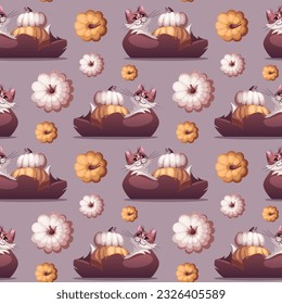 Seamless pattern with Cute cat and pumpkins. Halloween, Thanksgiving day, autumn concept. Vector illustration.