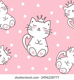 Seamless Pattern of Cute Cat Queen Wearing Crown with Snow Polka Dots Decoration on Pink Background