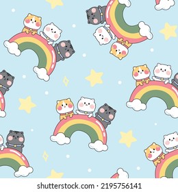 Seamless pattern of cute cat with rainbow on sky background.Animals character cartoon design.