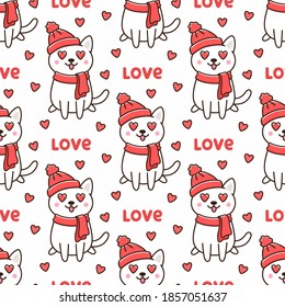 Seamless pattern with cute cat in red hat and scarf, in love with hearts in eyes. Beautiful print for packaging, wrapping paper, textile, home decor etc. Happy Valentine's Day.