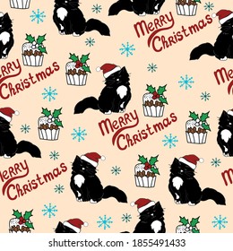 
Seamless pattern with cute cat in Santa hat, cat with cake, holiday pattern for packaging wrappers, fabric, black fluffy cat with white collar, vector pattern.