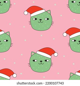 Nahtloses Muster mit süßer Katze im Weihnachtsmütze. Vektorgrafik