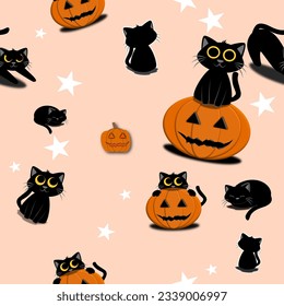 Seamless pattern of cute cat silhouettes. Halloween seamless pattern for fabric screen with cat pumpkin and star.
