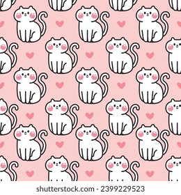 Seamless pattern of cute cat sit with heart on pink background.Meow lover.Pet animal character.Baby clothing.Kawaii.Vector.Illustration.Illustrator.