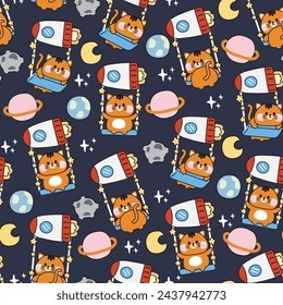 Seamless pattern of cute cat sit on swing rocket shape universe background.Galaxy,planet,moon,star,earth hand drawn.Pet animal cartoon.Meow lover.Kawaii.Vector.illustration.