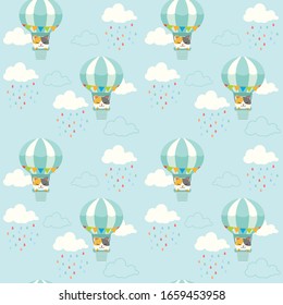 The seamless pattern of cute cat sitting in the hot air balloon on the sky in flat vector style. Illustration for banner, sticker label and greeting card