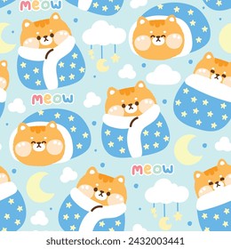 Seamless pattern of cute cat in sleep poses on sky background.Pet animal character cartoon design.Cloud,moon,star hand drawn.Meow.Kawaii.Vector.Illustration.