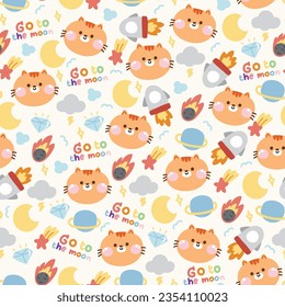 Seamless pattern of cute cat smile face with tiny icon in space concept on pastel background.Pet animal.Kitten.Galaxy,rocket,diamond,planet,moon,cloud hand drawn.Kawaii.Vector.Illustration.