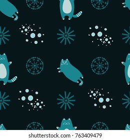 Seamless pattern with cute cat and snowflakes 