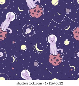 Seamless pattern with a cute cat in space. Cosmic background in cartoon style with stars, planet, moon and funny animals for textile, nursery, wallpaper.