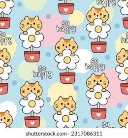 Seamless pattern of cute cat stay on flower with so happy text background.Pet animal character design.Meow lover.Baby clothing.Kawaii.Vector.Illustration.