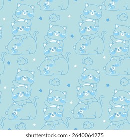 Seamless pattern of cute cat stay on top each other greeting line hand drawn with fish background.Meow.Pet animal character cartoon design.Relax.Lay.Kawaii.Meow.Kitten.