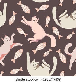 Seamless pattern with cute cat and striped fish. Playing cat. Vector hand drawn illustration. Lazy cats. The print is used for Wallpaper design, fabric, textile, packaging.