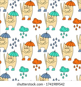 Seamless pattern with Cute cat with umbrella, boots and rain clouds on white background . Pets. Vector illustration