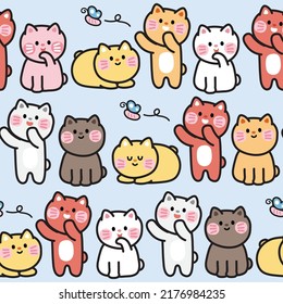 Seamless pattern of cute cat in various poses on blue background.Animal character design.Pet hand drawn.Kid graphic.Image for card,poster,baby clothing.Kawaii.Vector.Illustration.