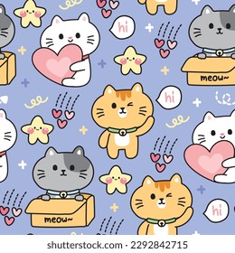 Seamless pattern of cute cat in various poses on pastel color background.Pet animal character cartoon design.Meow lover.Heart and star drawn.Kawaii.Vector.Illustration.