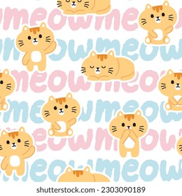 Seamless pattern of cute cat in various poses with meow text on white background.Pet animal character cartoon design.Image for card,poster,pet shop.Kawaii.Vector.Illustration.