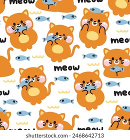 Seamless pattern of cute cat in various poses with fish on white background.Pet animal character cartoon design.Image for card,poster,baby clothing.Meow lover.Valentines day.Kawaii.Vector.Illustration