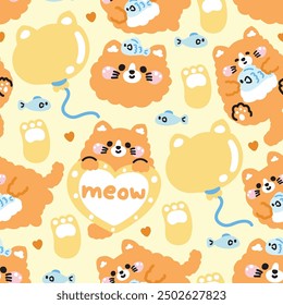 Seamless pattern of cute cat in various poses background.Meow lover.Balloon,paw,heart,fish hand drawn.Pet animal character cartoon design.Kawaii.Vector.Illustration.