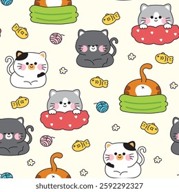 Seamless pattern of cute cat in various poses stay in pet nest background.Meow.Fish,yarn,flower.Pet animal character cartoon design.Kawaii.Vector.Illustration.