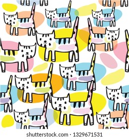 Seamless pattern with Cute cat vector illustration,Adorable pattern with funny cat,Funny colorful vector pattern with cute cat,Hand drawn