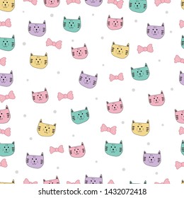 Seamless pattern with Cute cat vector illustration design on white Background.
Adorable funny cat for print, website, postcard, wrapping paper, baby fabric or children bed sheet for cat lover. Doodle