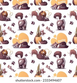 Seamless pattern with cute cat. Veterinary, pet, domestic life, animal, kitty concept. Vector illustration.