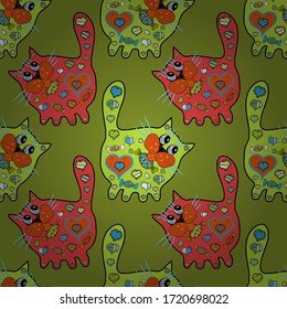 Seamless pattern cute cat. Vintage colorful patterns. Figure in green, red and orange colours. Vector illustration. Repeated doodles. Trendy illustration in sketch style.