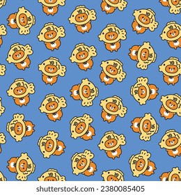 Seamless pattern of cute cat wear fish head costume.Pet animal character cartoon design.Funny meow hand drawn.Image for card,poster,baby clothing.Kawaii.Vector.Illustration.