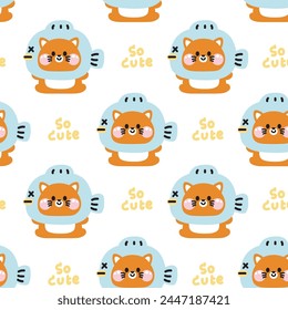 Seamless pattern of cute cat wear fish hat mascot with text sit on white background.Pet animal character cartoon design.Meow lover.Baby clothing.Kawaii.Vector.Illustration.