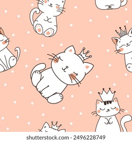 Seamless Pattern of Cute Cat Wearing Crown with Polka Dots Decoration on Brown Background