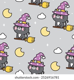 Seamless pattern of cute cat witch broom on night sky background.Moon,cloud,sky hand drawn.Animal character cartoon.Kawaii.Vector.Illustration.