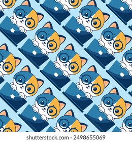 Seamless pattern Cute cat working on laptop, cartoon. Vector illustration