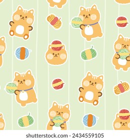 Seamless pattern of cute cat with yarn on pastel background.Pet animal character cartoon design.Image for card,poster,baby clothing.Kawaii.Vector.Illustration.