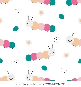 Seamless pattern with cute caterpillar and flowers. For card, posters, banners, books, printing on the pack, clothes, fabric, wallpaper, textile or dishes.