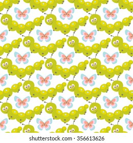 Seamless pattern with cute caterpillar and sweet butterflies.