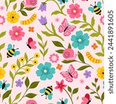 Seamless pattern with cute caterpillars, butterflies and bees and flowers. Vector graphics.