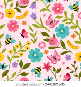 Seamless pattern with cute caterpillars, butterflies and bees and flowers. Vector graphics.