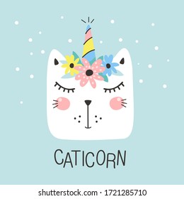 Seamless pattern with cute caticorn. Kids print. Vector illustration