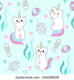 Seamless pattern with cute Caticorn and marine background and elements.Vector illustration.Kawaii style.