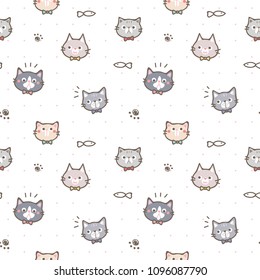 Seamless Pattern of Cute Catoon Cat Face Design on White Background with Dots, Fish and Paws